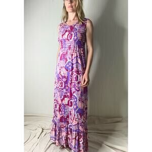 VINTAGE '60s JONATHAN LOGAN Groovy Flower Power Smocked Maxi Dress SMALL